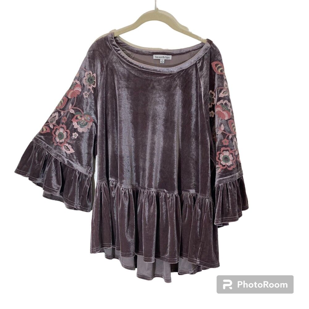 See And Be Seen Womens Top L Velvet Embroidered Sleeves Ruffle Artsy Lagenlook